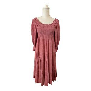Lapis & Lillies Cottage Dress Women's Size Large Pink Midi Length Smocking JCD